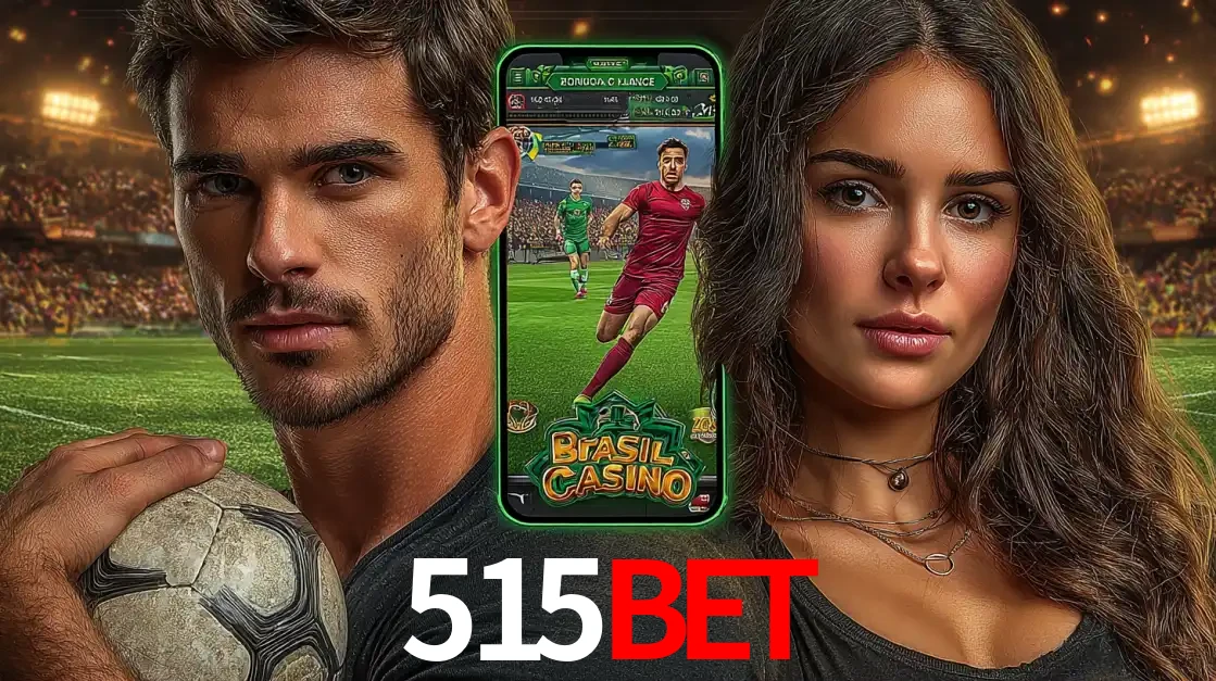 Homem segurando uma bola de futebol e uma mulher ao lado de um smartphone exibindo o jogo de apostas esportivas da 515BET. Faça seu palpite no cassino online.